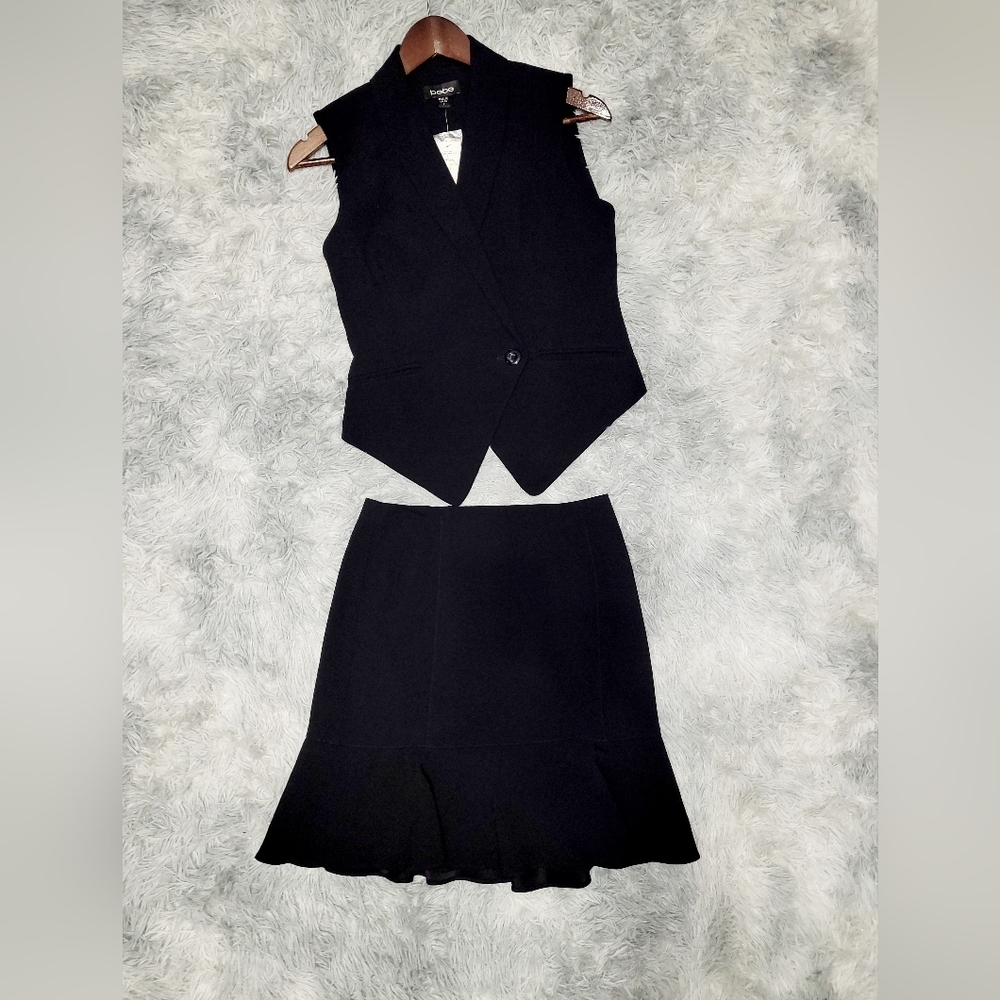 Bebe 2-Pc Black Glacier Asymmetrical Vest & Flounce Skirt Set, Size 2
